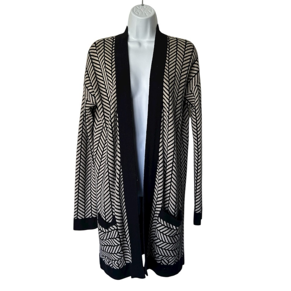Margaret O’Leary Long Open Cardigan Black Tan Pockets Size M - Picture 2 of 6
